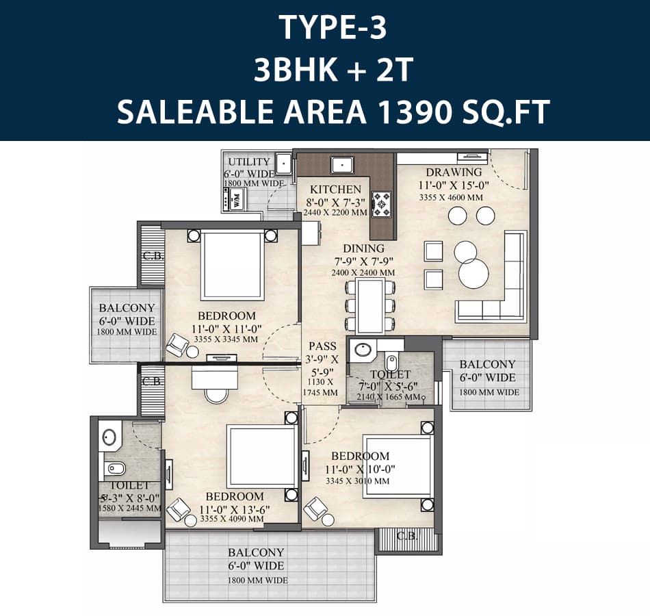 Irish Platinum 3 BHK + 2T Floor Plan - 1390 sqft in Sector 10