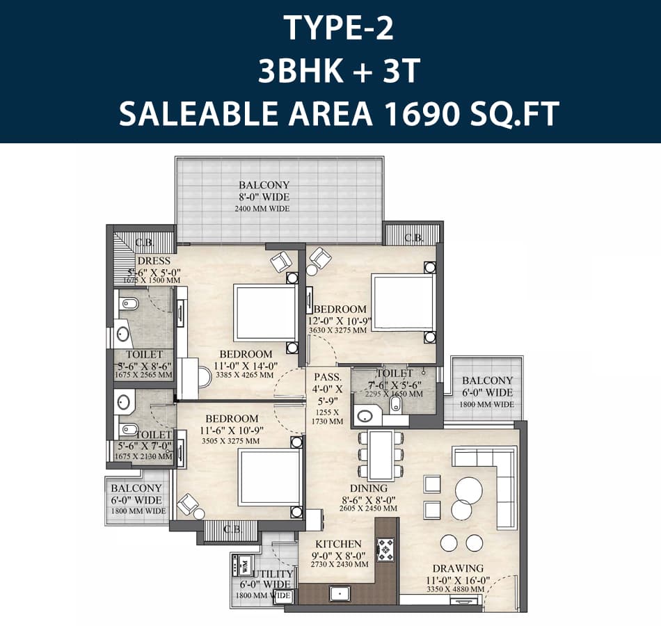 Irish Platinum 3 BHK + 3T Floor Plan - 1690 sqft in Sector 10