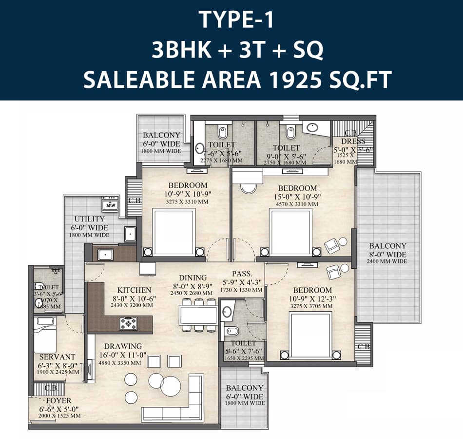 Irish Platinum 3 BHK + 4T + Servant Floor Plan - 1925 sqft in Sector 10